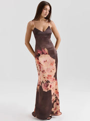 Satin Floral Print Sexy Maxi Dress Women Gown Elegant Spaghetti Strap Sleeveless Backless Bodycon Evening Club Dress voguable