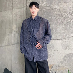 Voguable Stylish High Quality Organza Translucent Long Sleeve Shirts Men's 2024 New Fashion Solid Color Ruched Design Tops voguable