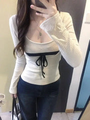 Korean Style Sexy T-Shirts Women Sweet Coquette Two Piece Sets Long Sleeve Tops Fashion Aesthetics Patchwork T-Shirts voguable