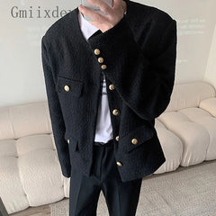 Korean Style Fashionable Tweed Round Neck Jacket Men Japanese Trendy High-end Single-breasted Short Jacket with Temperament voguable