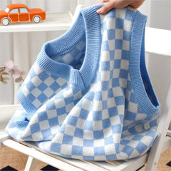 Checkered Sweater Vest Women Blue and White Checkerboard Sleeveless Knit Top Teen-girl Y2K Preppy Style Outfit voguable