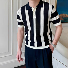Men's Clothing Urban Fashion Striped Knit Polo Shirt Casual Business Slim Short Sleeve T-shirt Chic Hollow Out Breathable Tops voguable