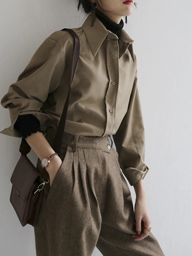 Voguable Coffee Women Shirt Spring New Casual Solid Color Long Sleeve Office Ladies Button Up Shirt Korean Loose OL Workwear voguable