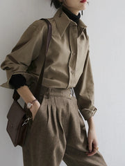 Voguable Coffee Women Shirt Spring New Casual Solid Color Long Sleeve Office Ladies Button Up Shirt Korean Loose OL Workwear voguable