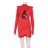 Voguable Sexy Hollow Out Shoulder Pad Women Winter Dress Fashion Turtleneck Long Sleeve Irregular Ruched Party Prom Club Dresses voguable