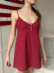 Voguable Red Plaid V-neck Mini Summer Casual Dress Women Buttons Lace Trim A-line Sweet Short Vestidos Preppy Style Y2K Dresses voguable