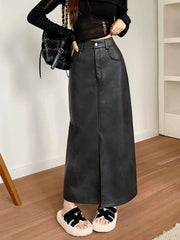 Vintage Pu Leather Split Midi Skirts Women Y2K High Waist Streetwear All Match Hip Skirt Korean Solid Casual Ladies A Line Skirt voguable