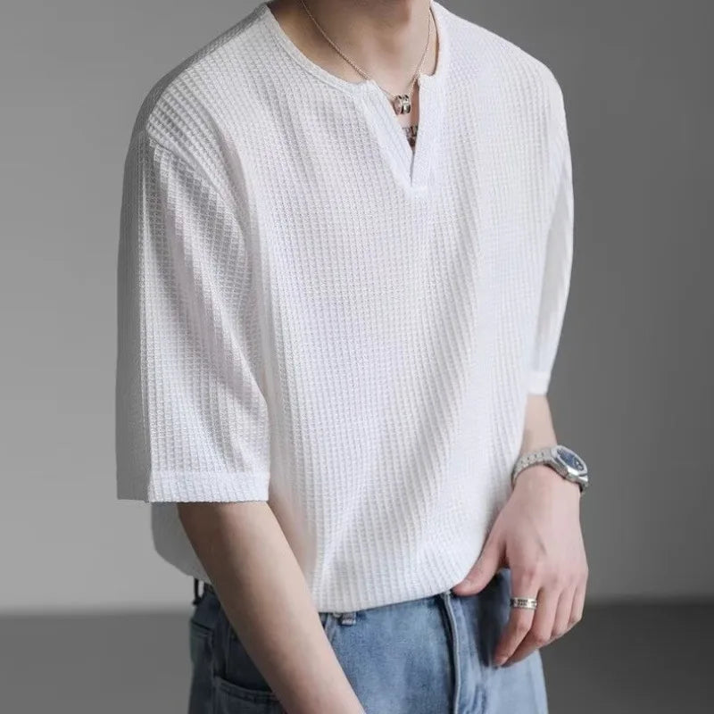 New Men Waffle Short Sleeve Fashion V-neck Loose Solid color T-shirt Cool Lightweight Casual Fitness Trends T Shirts 3 Colors voguable