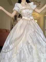Voguable Dophee Original Lolita Flower Wedding Evening Dress Women Champagne Color Princess Dress Elegant Short Sleeve Bride's Dress voguable
