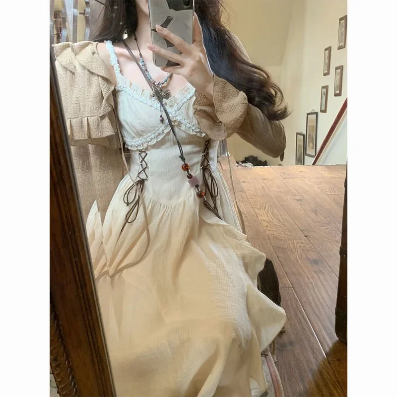 French Fashion Retro Vacation Style Camisole Dress+cardigan Two-piece Set Summer Temperament Long Dresses Female Clothing voguable