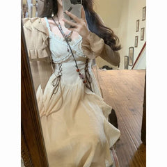 French Fashion Retro Vacation Style Camisole Dress+cardigan Two-piece Set Summer Temperament Long Dresses Female Clothing voguable