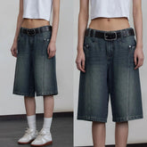 Voguable Y2K Distressed Jeans Unisex American Retro Washed Five Quarter Loose Straight Leg High Street Shorts voguable