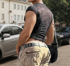 Summer Men T Shirt Lace Transparent O-neck Sleeveless Sexy Crop Tops Men Tees Streetwear 2025 Fashion Men Clothing S-5XL voguable