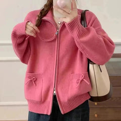 Korean Bow Cardigan Women Lazy Wind Double Zipper Long Sleeve Knitted Jacket Vintage Sweet Casual Preppy Style Tops Coat voguable