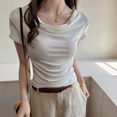 Summer Women's Cropped T Shirts Elegan Slash Neck Short Sleeve Tops Female Korean Slim Office Ladies Basic Tees New voguable