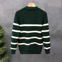 Autumn Winter New Fashion Turn-down Collar Half Zipper Long Sleeve Pullovers Men's Clothing Striped Knitting All-match Chic Tops