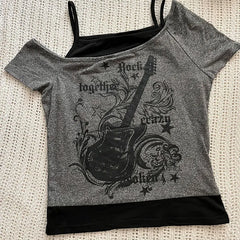 Y2k Slim Fit Print Tops Women Off Shoulder Short Sleeve Tee Shirt Neploe American Vintage Fake Two Piece Halter Lace Up T-shirts voguable