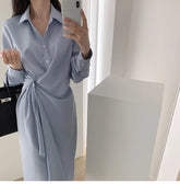Voguable Elegant Black Long Shirt Dress Women Fashion High Waist Dresses Lady Turn-Down Collar Irregular Buttons High Street Dress voguable