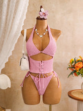Voguable Women Solid Textured Bubble Fabric 2 Piece Bikini Set Halter Triangle Lace Up Waist Corser Side Tie Thong Swim Beach Swimwear voguable