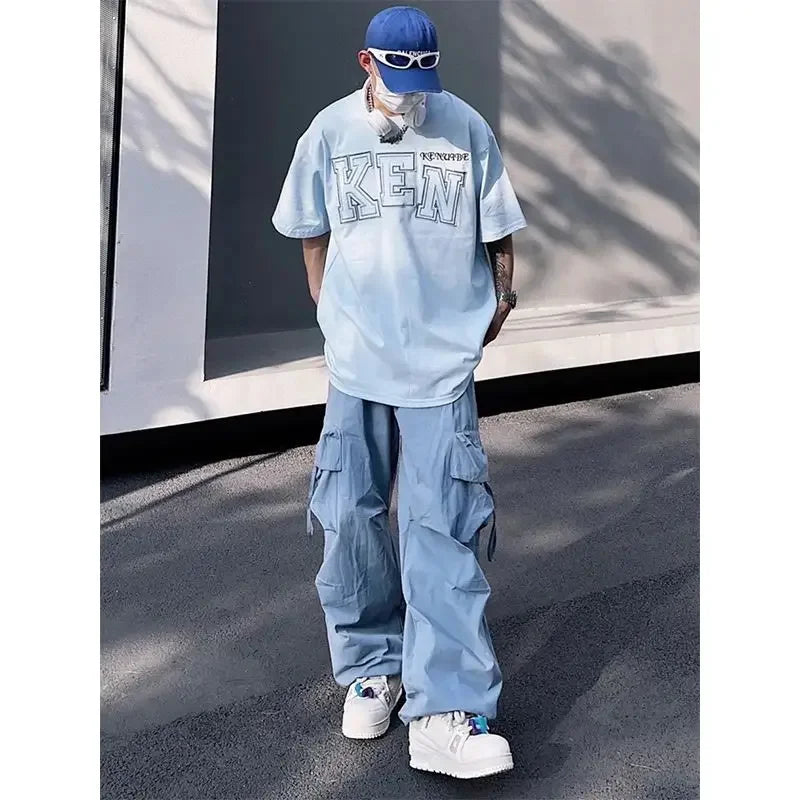 Voguable  Y2K Cargo Pants for Men Hip Hop Harajuku Parachute Cargo Trousers Male Blue Japanese Loose Casual Streetwear Hip Hop voguable