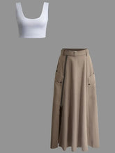 Voguable Sleeveless Solid Color Slit Two Piece Set High Waist Long Skirt Summer Beach Female Sweet Bra Naked Waist Chic Casual Beach voguable