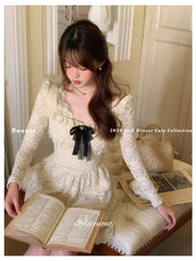 Women's Vintage Lace Short Dresses Bow Long Sleeves Ruffles Square Collar A-Line Fashion Dress 2025 New Korean Prom Vestidos voguable