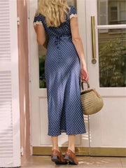 Chic Fashion Lace Polka Dot Long Dress V-neck Sexy Women Dress Navy Blue Vintege Elegant Dresses 2025 New Woman Clothing voguable