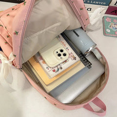Korean Bow Chic Flower Print Backpack High-capacity Sweet Kawaii Fashion Schoolbags Casual Preppy Y2k Women Students Backpacks voguable