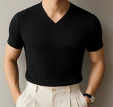 2025 Men's T Shirt Solid V Neck Short Sleeve Summer Streetwear Casual Male Tee Tops Korean Style Fashion Men Clothing voguable