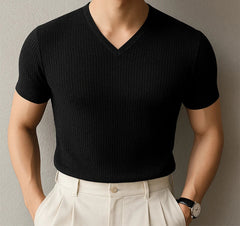 2025 Men's T Shirt Solid V Neck Short Sleeve Summer Streetwear Casual Male Tee Tops Korean Style Fashion Men Clothing voguable