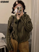 2025 Spring Autumn Korean Hooded Loose Harajuku Sweaters Women Striped Zipper Cardigan Knitted Fashion Gothic Y2k Tops Jumper voguable