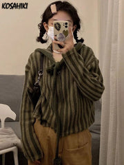 2025 Spring Autumn Korean Hooded Loose Harajuku Sweaters Women Striped Zipper Cardigan Knitted Fashion Gothic Y2k Tops Jumper voguable