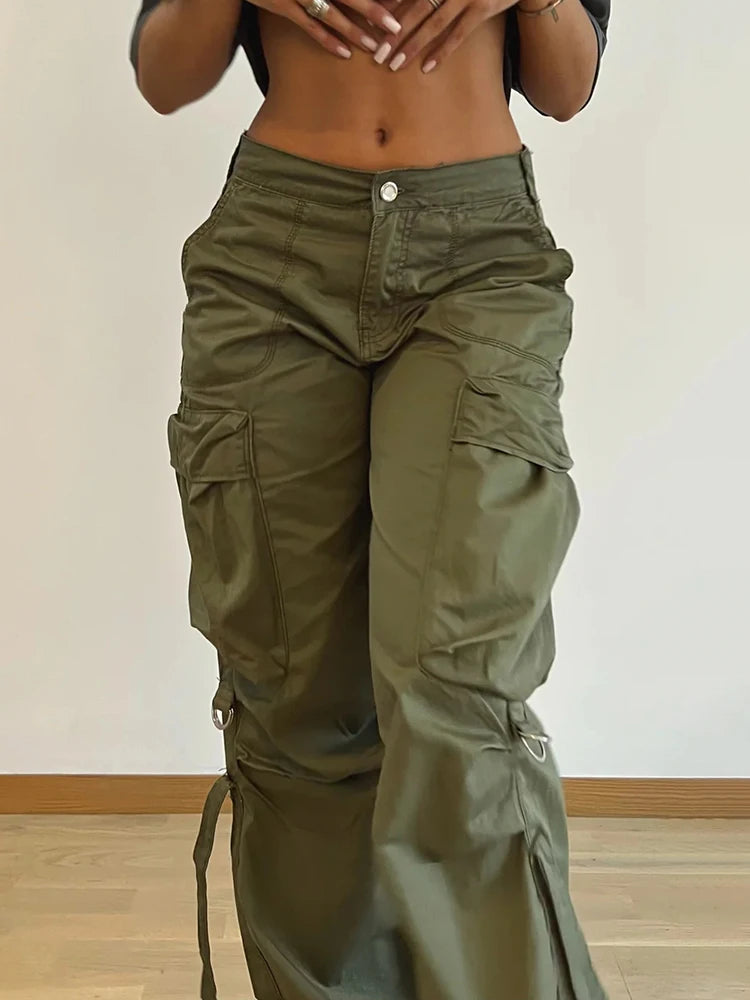 Voguable  Cargos Style Parachute Pants Low Waist Women Joggers Harajuku Pockets Baggy Wide Leg Trousers y2k Streetwear Casual voguable