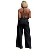 Voguable Two Piece Women Pant Sets Summer Fashion Irregular Long Tassel Sexy Halter Backless Hollow Out Tops and Wide Leg Pants Suit voguable