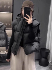 Vintage Y2K Puffy Vest Women Loose Sleeveless Warm Winter Cotton Vest Streetwear Casual Retro American Solid Hooded Vest voguable