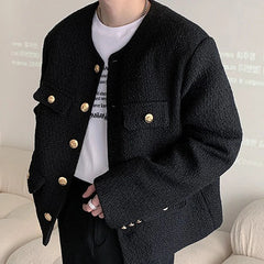 Korean Style Fashionable Tweed Round Neck Jacket Men Japanese Trendy High-end Single-breasted Short Jacket with Temperament voguable
