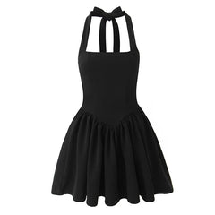 Black White Halter Mini Dress Women Low Waist A-line Pleated Hem Sexy Backless Party Dresses Summer Robe