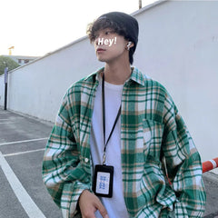 Autumn Thick Woolen Shirt Men Fashion Retro Casual Oversized Plaid Shirts Mens Korean Blue/Green Loose Long-sleeved Shirt Men voguable