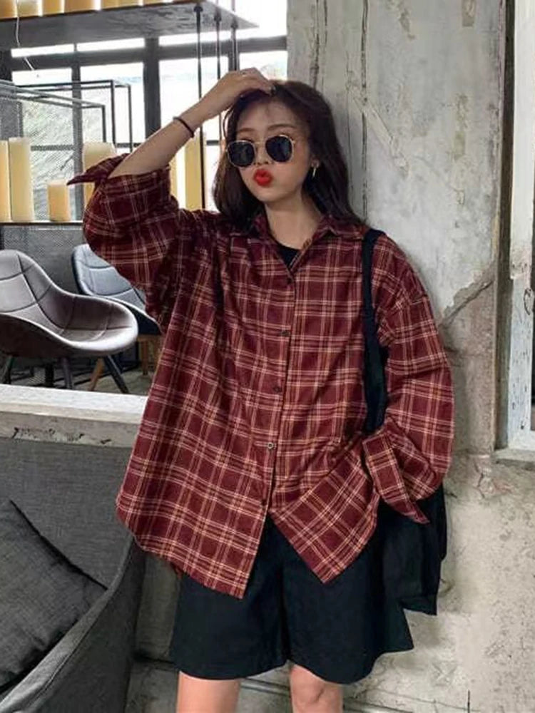 Voguable Vintage Women Plaid Shirt Summer Long Sleeve Oversize Harajuku Bf Student Tops Loose Couple Button Up Shirts voguable