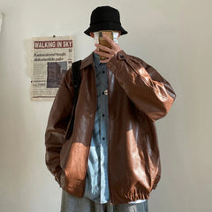 Autumn Street Trendy PU Leather Jacket Casual Textured Locomotive Zipper Turn-down Collar Solid Color Long Sleeve Men's Coats voguable