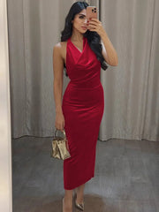 Halter Backless Sexy Maxi Dress For Women Gown Fashion Lace-up Deep V Neck Sleeveless Bodycon Split Long Dress Elegant voguable
