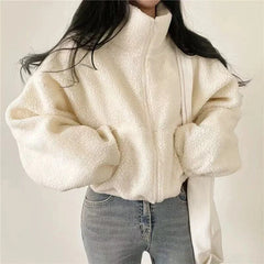 Artificial Lamb Wool Crop Jacket Women Autumn Winter Thick Warm Plush Coat Female Fashion Zipper Stand Collar Casual Outerwear voguable