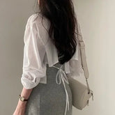 Y2K White Chiffon Sun Protection Shirt Women Korean Chic Loose Single Breasted Crop Tops Sexy See Back Lace Up Blouse voguable