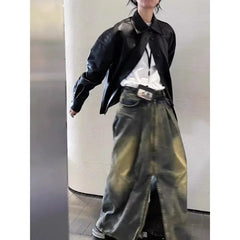 Voguable Fake Two-piece Loose Casual Zipper Jeans Women Autumn New Korean Distressed Washed All-match Denim Wide-leg Pants voguable