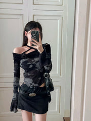 Voguable Harajuku Retro Tie Dye Mesh Tops Flare Sleeve Lace Up T Shirt Women Y2k Vintage Crop Tops Streetwear Japanese 2000s E Girls Top voguable