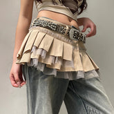 Voguable Fairycore Grunge A-line Cargo Skirt Khaki Low-waisted Mesh Patchwork Pleated Super-short Skirts Layering Bottoms Street voguable