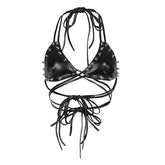 Dark Rivet Bandage Pu Leather Camis Halter Tops Punk Style Gothic Sleeveless Backless Crop Tops Women Streetwear voguable