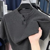 New Men Luxury Chinese O Collar T-Shirt Leisure Slim Button-down Solid Color Short Sleeve Tops Summer Breathable Basic Knitwear voguable