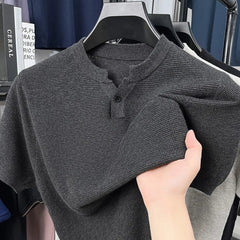 New Men Luxury Chinese O Collar T-Shirt Leisure Slim Button-down Solid Color Short Sleeve Tops Summer Breathable Basic Knitwear voguable