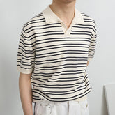 Summer Men's Clothing Light Luxury Knitted Polo Shirt Leisure Striped V-Neck Solid Color Short Sleeve Fashion Retro Knitwear voguable